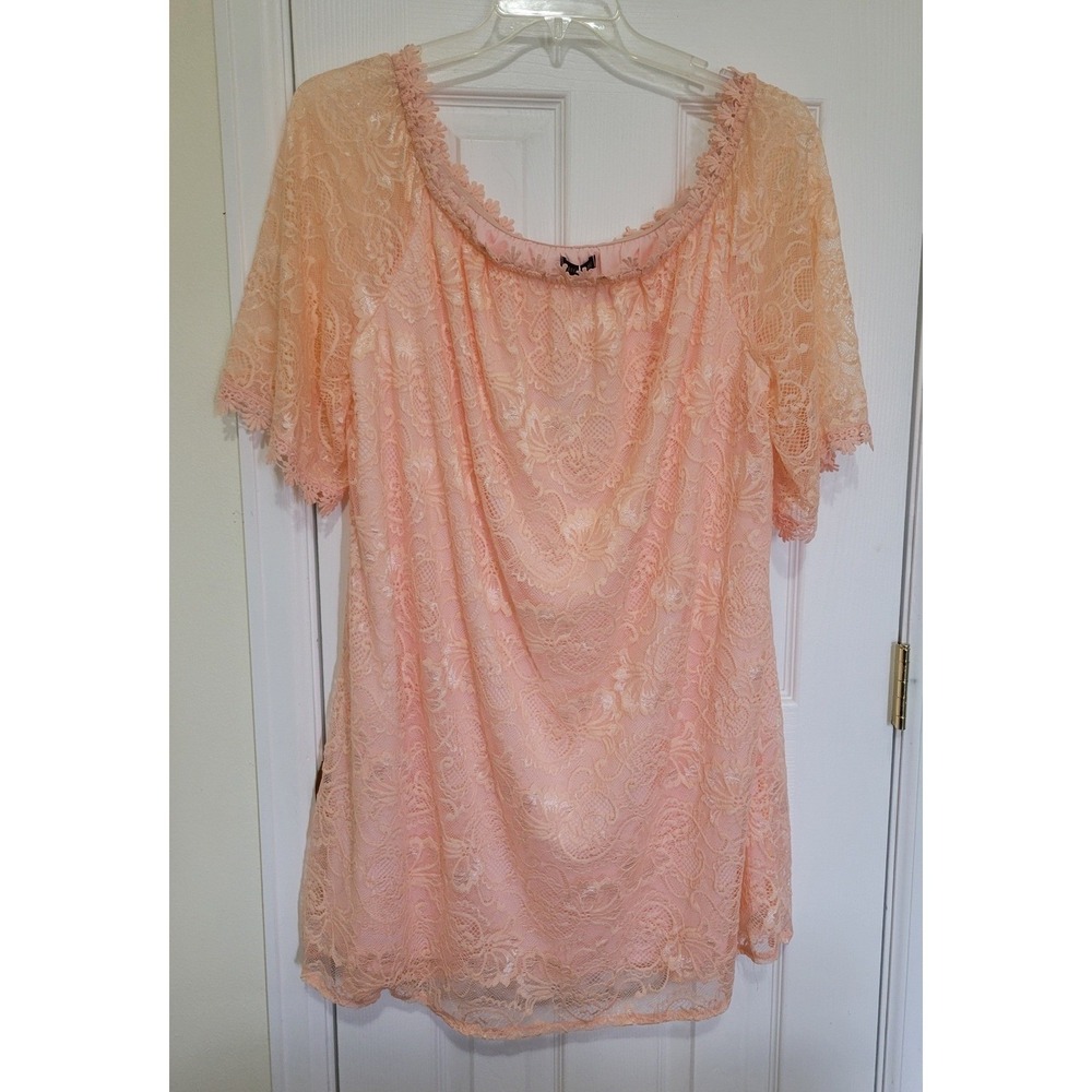 Miholl Peach Floral Lace Tunic Mini Dress XXL Short Sleeve Scalloped Trim New
